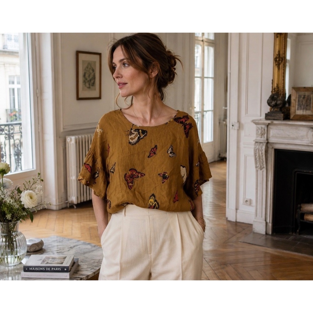 Viola Borghi Italy Butterfly Print Linen Top Mustard Ruffle Bell Sleeve Large
